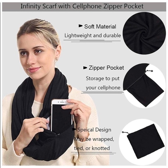 Beyond Yoga Hidden Zipper Cell‎ Phone Pocket Infinity Scarf in Black Jersey Knit - Picture 1 of 11